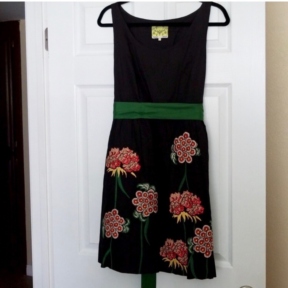 Anthropologie Floreat Black Dress with Flowers